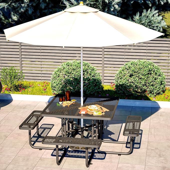 Square Outdoor Metal Coffee Picnic Table for Patio, Backyard, Garden and DIY (Includes 4 Built-in Benches) - Black