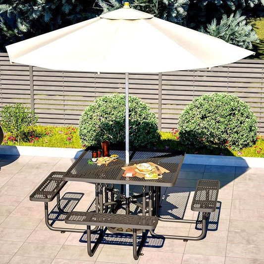 46'' Square Metal Picnic Table with 1.73" Umbrella Hole, Heavy-Duty Commercial Grade Steel Table Set, Rust Resistant Mesh Tabletop, Smooth Round Corner Design for Patio, Garden, Park & BBQ, Black