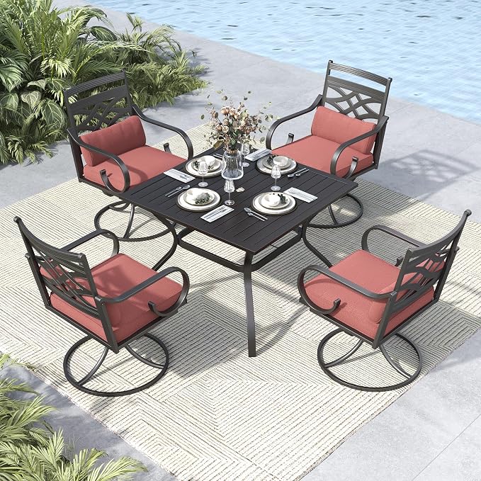 MFSTUDIO 5-Piece Patio Dining Set, 37" Square Metal Table, Swivel Chairs | Umbrella Hole, Red, Seats 4