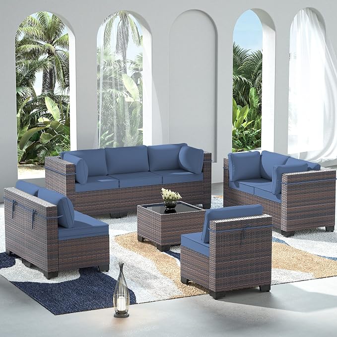 Outdoor Patio Furniture Set, 9 Pieces Outdoor Sectional Furniture Patio Set, All-Weather PE Rattan Patio Conversation Set with Tempered Glass Top Table & Cushions(Dark Blue).