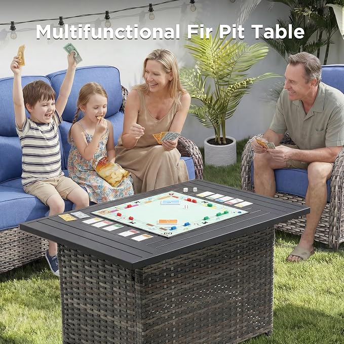 Luxury Patio Furniture Set with Fire Pit Table-6 Pieces All Weather Outdoor Swivel Rocker Chairs with Sofa and Ottomans. Outdoors Patio Conversation Sets for Porch Deck Garden Backyard(Grey/Blue)