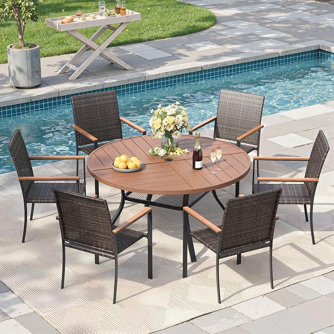 Round Patio Dining Set for 6, Outdoor Furniture Set of 47.2" Round Metal Table with Umbrella Hole and Stackable Wicker Patio Chairs for Backyard Lawn Garden, Walnut Chairs, Walnut Table