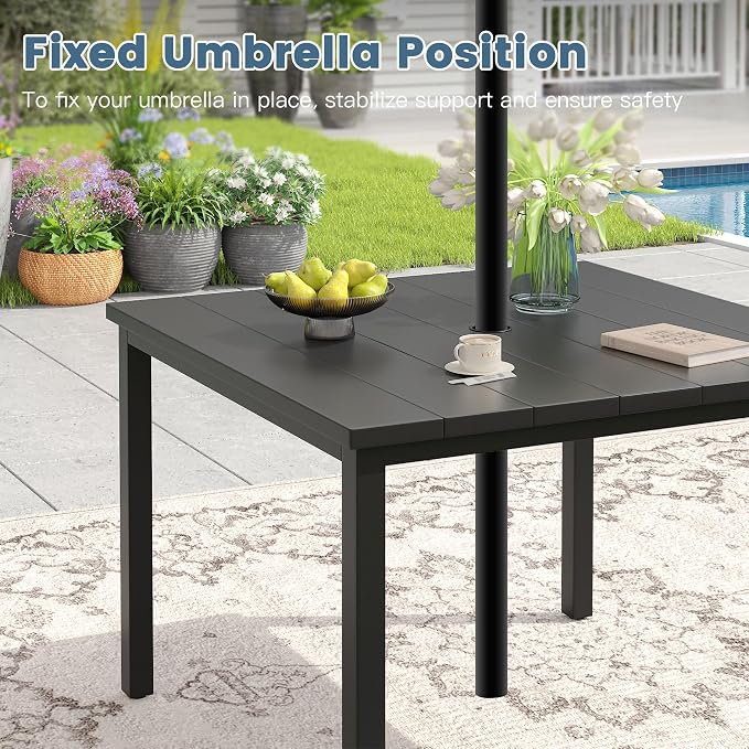 DIFY 40.2" Square Outdoor Dining Table for 4, Slatted Metal Patio Table with Adjustable Umbrella Hole, All-Weather Patio Dining Table for Garden Backyard Deck, Black Tabletop