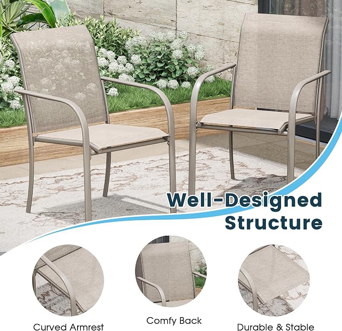 7 Pieces Patio Dining Set, 50" Round Dining Table with Umbrella Hole, 6 Stackable Textilene Fabric Chairs, Metal Structure for Patio, Porch, Garden, Sandshell
