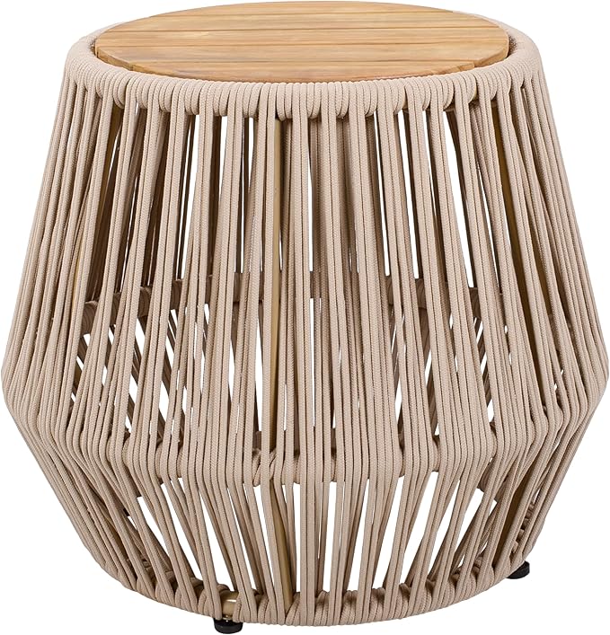 Christopher Knight Home Norshire Outdoor Side Table with Rope Base, Acacia Wood End Table, Round Patio Table, Accent Table for Garden Balcony Poolside and Indoor Use, Garden Stool, Beige+Light Teak