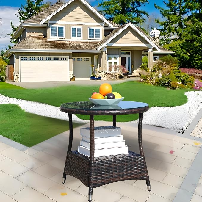 Outdoor Patio Round Coffee Table with Clear Tempered Glass Top Ideal for Garden Deck and Outdoor Entertaining Space-Saving Design