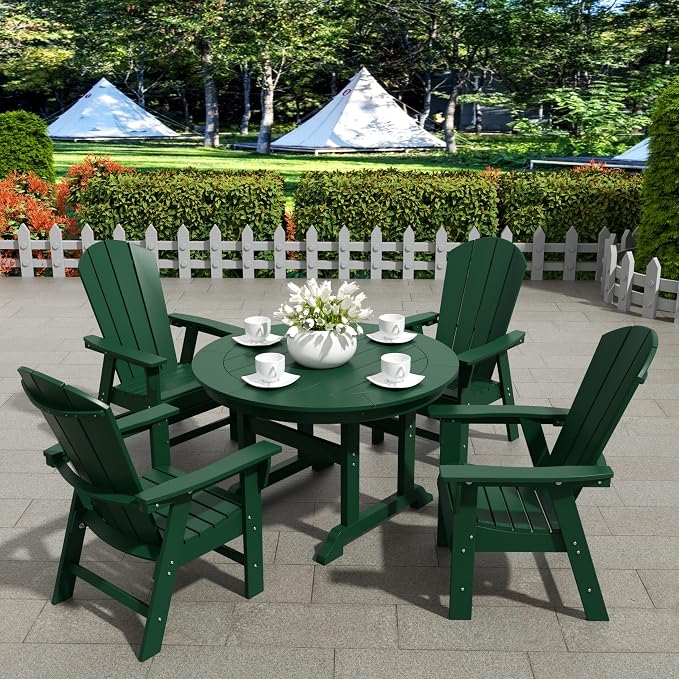 WestinTrends Malibu Patio Dining Table, All Weather Poly Lumber Adirondack 47" Trestle Round Outdoor Table with Umbrella Hole, Dark Green