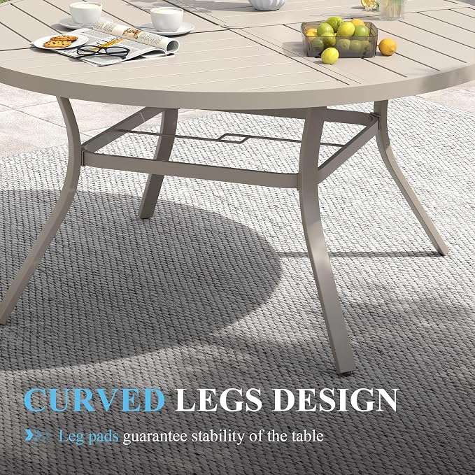 VICLLAX 50" Round Patio Table with Umbrella Hole, All Weather Metal Outdoor Dining Table for 6, Outside Table with Storage Shelf for Lawn Garden, Sandshell Color