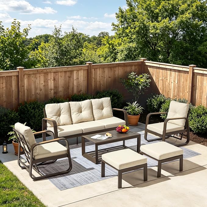 6 Pcs Aluminum Patio Furniture Set with Coffee Table Outdoor Conversation Sofa Set Include Adjustable 3-Seater Sofa, 2 Hydraulic Chair, 2 Ottoman for Balcony, Garden, Poolsid （Beige）