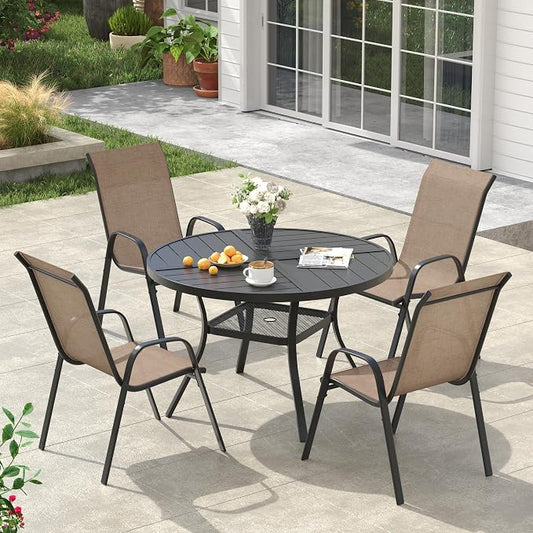 VICLLAX Round Outdoor Patio Dining Set for 4, Metal Slatted Patio Table with Umbrella Hole and 4 Stackable Patio Chairs for Deck Lawn Garden, Brown Fabric and Black Tabletop