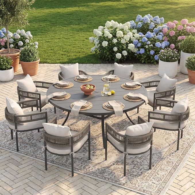 VICLLAX Patio Dining Set for 8-63" Round Table & Cushioned Seats, Black
