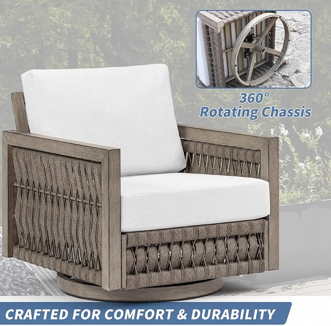 4 Pieces Patio Furniture Set, Outdoor Conversation Set with Coffee Table, 3-Seat Sofa & Swivel Chair, Rope Weave & Aluminum Frame, Contemporary Sofa with Cushion for Porch Yard Deck, Gray Oak