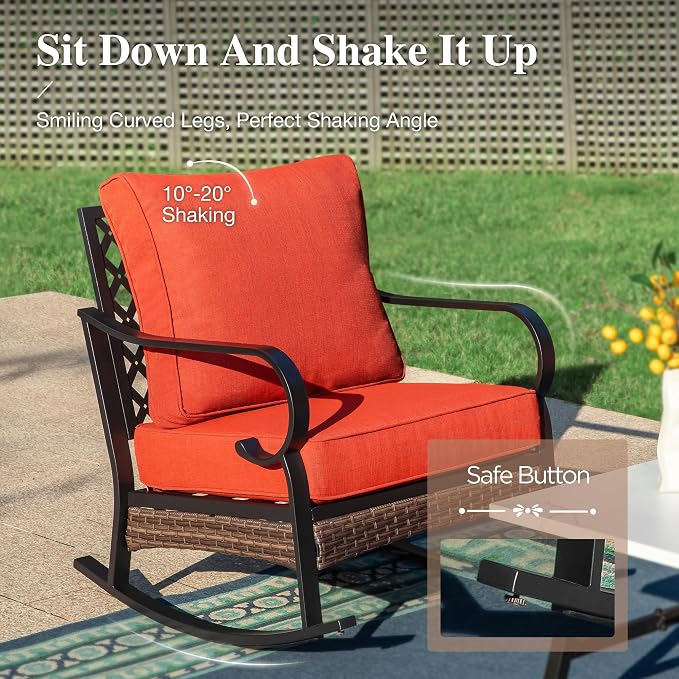 HERA'S HOUSE 6 Piece Metal Patio Furniture Set, All Weather Outdoor Conversation Set with 3-Seat Sofa, 2 Rocking Chairs, 2 Fixed Chairs & Coffee Table, 7 Seats for Backyard, Garden, Deck, Red