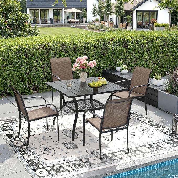 DIFY 5 Pieces Outdoor Dining Table Chair Set, Patio Dining Set with 1 Black Square Curved Legs Table with and Umbrella Hole & 4 Brown Stackable with Armrests Chairs for Lawn, Garden, Porch