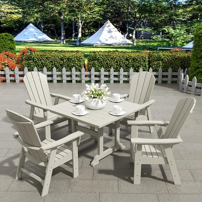 WestinTrends Malibu Outdoor Dining Table, All Weather Poly Lumber Adirondack 43" Trestle Square Patio Table with Umbrella Hole, Sand