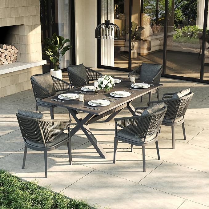 LayinSun 7 Piece Outdoor Dining Table Set, Aluminum Modern Rectangular Dining Table and All-Weather Wicker Chairs Set for Patio Deck Indoor Decor Kitchen