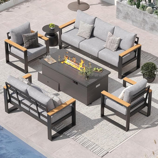Sundale Outdoor Aluminum Patio Furniture Set, 5 Piece Outdoor Conversation Sets with Fire Pit and 6" Thick Olefin Cushions, All Weather Outdoor Sectional Set for Deck, Lawn, Yard (Grey)