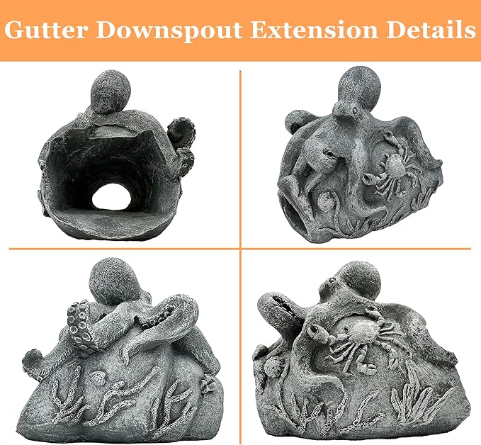 Teaeeno Real Octopus Gutter Downspout Extension Decor,Animal Gutter Downspout Decorative,3''x4'' Downspout Extender Diverter Splash Block Sculpture Outdoor Decor,Outdoor Garden Animal Statue Ornament