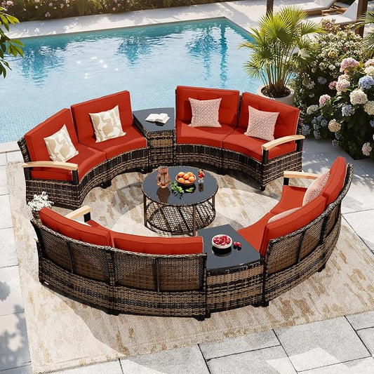 MEISSALIVVE 11-Piece Half-Moon Curved Outdoor Patio Furniture Set, Sectional Conversation Sofa with Wood Armrests, Coffee & Side Tables for Backyard Deck Garden, Red