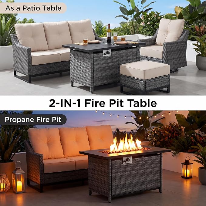 7 Piece Wicker Patio Furniture Set with 6" Thick Cushions, High Back Wicker Swivel Rocker Chairs, All Weather Conversation Set for Porch Deck Backyard Poolside (Beige)