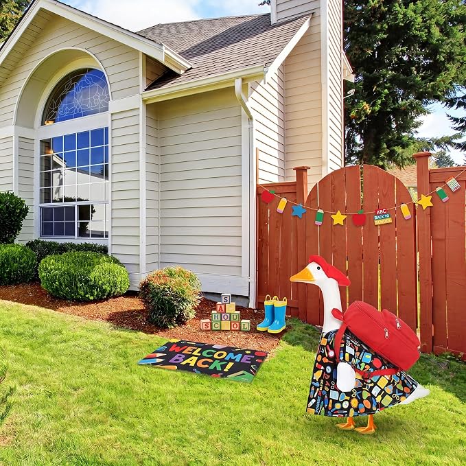 FuWeave Back to School Porch Goose Outfit Set for Plastic Statue Lawn Porch Goose Clothes with Schoolbag for Patio Decor