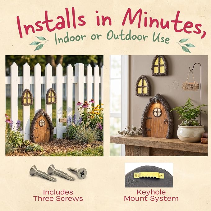 Fairy Door and Windows for Trees – Glow in The Dark Yard Art Sculpture Decoration for Kids Room, Wall and Trees Outdoor | Miniature Fairy Garden Outdoor Decor Accessories with Secret Garden Sign