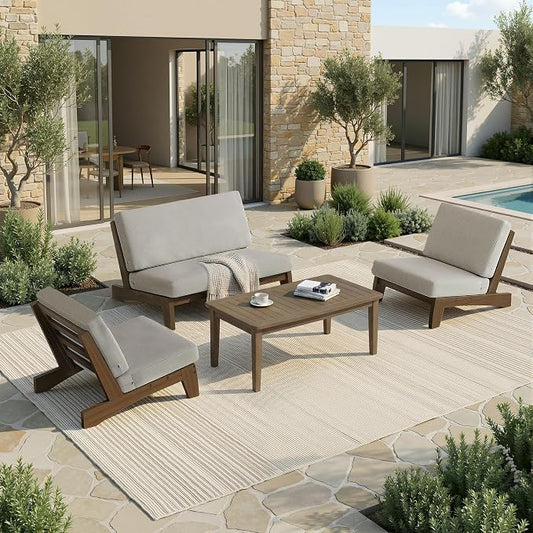 Pia Ricoo 4 Piece Patio Furniture Sets, Outdoor Furniture with 2 Chairs & Coffee Table, Patio Conversation Set for Backyard, Deck, Lawn, Light Camel