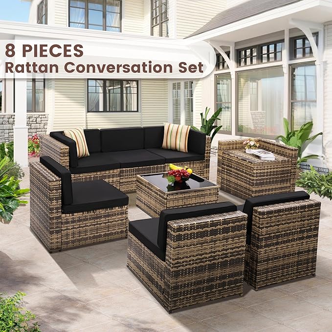 KROFEM 8 Piece Patio Furniture Set, Outdoor Modular Conversation Set, Black | UV Treated Wickers, Machine Washable Cushions, Seats 6, 2 Hidden Storage Compartments, Rustproof Frame, Waterproof