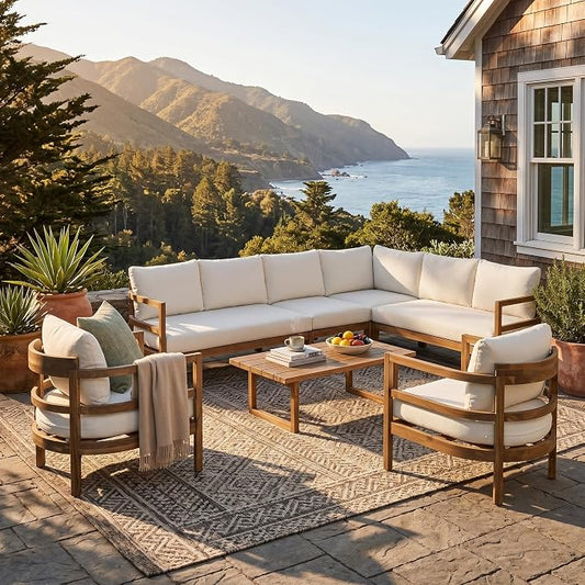 Christopher Knight Home Outdoor Acacia Wood 7 Seater Sectional Sofa Set with Thick Cushions Patio Conversation Set Modular Outdoor Seating with Coffee Table and Club Chairs for Patio Garden Deck