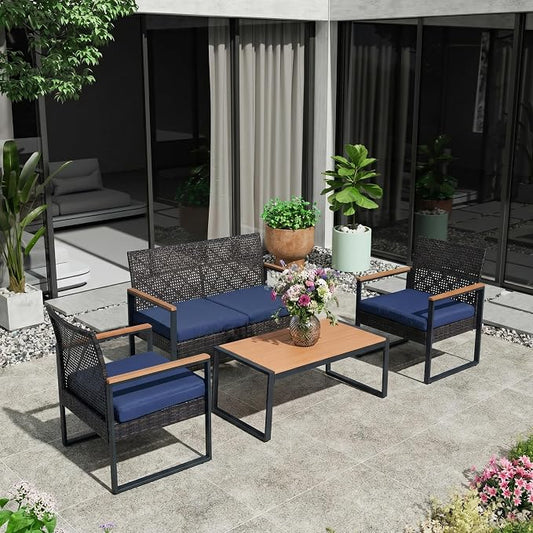 4-Piece Outdoor Patio Furniture Set, Wicker Sofa and Chairs with Cushions, PE Rattan All-Weather Conversation Set with Coffee Table for Backyard, Patio, Poolside, Garden, Lawn, Deck, Black