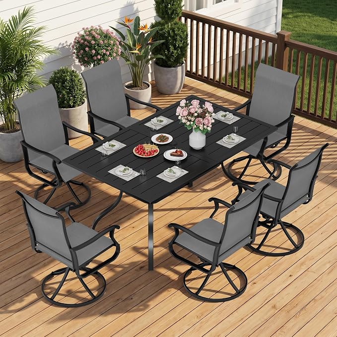 Crownland 7 Piece Furniture Patio Dining Set, 6 Swivel Metal Chairs and Rectangular Outdoor Dining Table with 1.57" Umbrella Hole, Outdoor Furniture Dining Set for Lawn, Backyard, Garden(Grey)