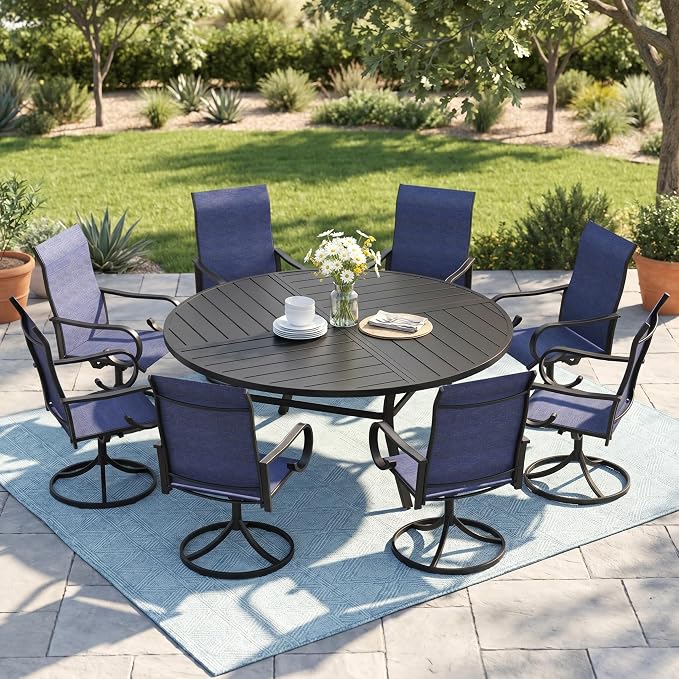 9 Pieces Patio Dining Set, 8 Outdoor Swivel Dining Chairs with 60.1" Round Metal Outdoor Dining Table with Umbrella Hole for Garden Backyard Deck, Dark Blue & Black