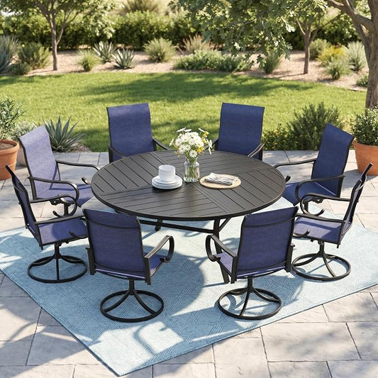 9 Pieces Patio Dining Set, 8 Outdoor Swivel Dining Chairs with 60.1" Round Metal Outdoor Dining Table with Umbrella Hole for Garden Backyard Deck, Dark Blue & Black
