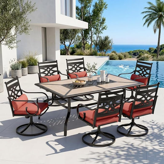 PHI VILLA 7 Pieces Outdoor Dining Set for 6, 61" Rectangle Metal Table with Umbrella Hole & Wrought Iron Swivel Chairs, Patio Furniture with Red Cushions & Pillows for Deck, Porch, Backyard