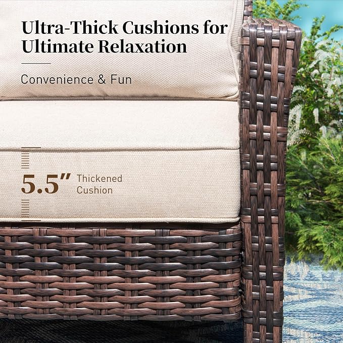 SUNSHINE VALLEY 6 Piece Patio Furniture Set with Swivel Chairs, High Back Wicker Rattan Sofa with Extra Thick Cushion, Coffee Table and Ottoman, Outdoor Conversation Set for Backyard Deck,Beige