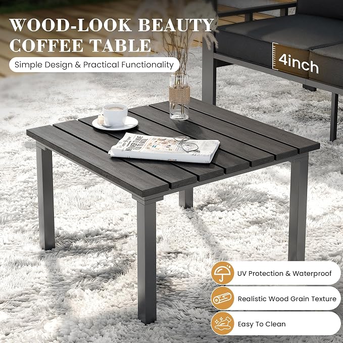 UDPATIO Aluminum Outdoor Furniture Set with Fire Pit Table, 6 Pieces All-Weather & UV-Resistant Patio Sectional Sofa Set for Deck, Backyard, Poolside, Dark Gray
