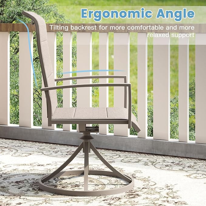 DIFY 7 Pieces Outdoor Patio Dining Set, 6 Sandshell Padded Textilene Swivel Dining Chairs and 53" Sandshell Round Metal Dining Table, Outdoor Table and Chairs for Poolside Backyard Deck