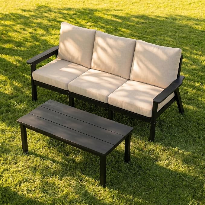 PLUUV 4-Piece HDPE Patio Sofa Set, All-Weather Outdoor Sectional Furniture with Thick Cushions, Modular Couch Set for Deck, Lawn, Black Frame with Khaki Cushion
