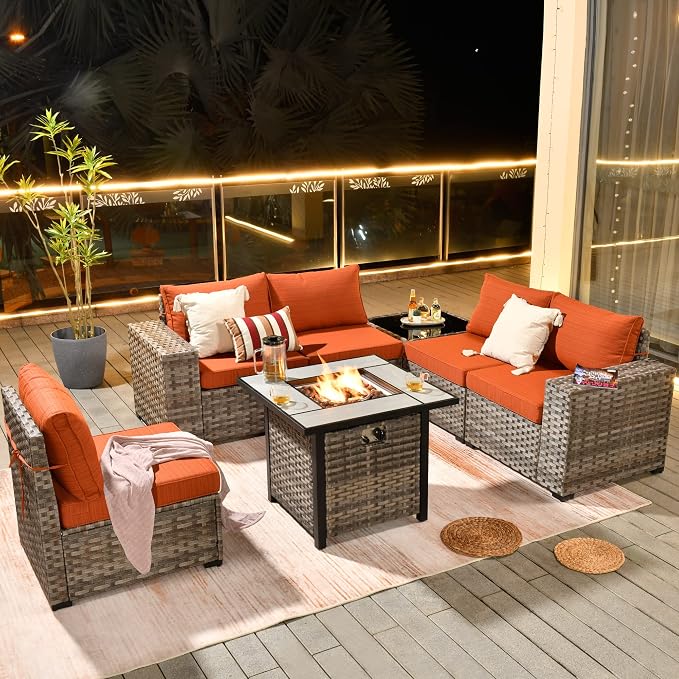 HOOOWOOO Outdoor Patio Sectional Furniture Sofa Set with Propane Gas Fire Pit Table,7 Piece Small Modern Wicker Couch with Widened Armrest,Modular Conversation Seating Set for Out Door(Orange Red)