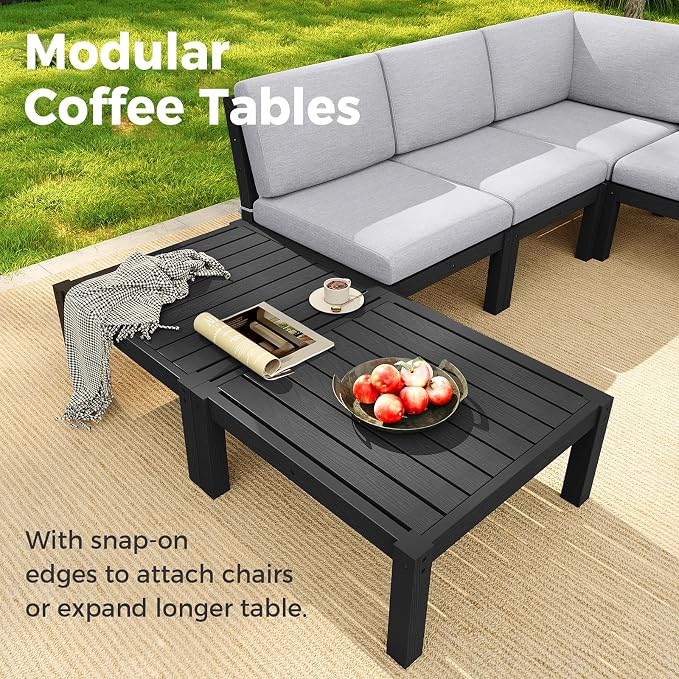 Modular Outdoor Patio Conversation Set, 6-Piece L-Shaped Sectional Sofa Set with Coffee Tables & Thick Cushions, Easy Side Interlock, HIPS All-Weather Patio Furniture Set for Backyard, Deck, Poolside
