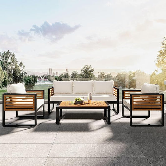 SOFTSEA 4-Piece Outdoor Patio Furniture Set, Acacia Wood Patio Conversation Set with Coffee Table, All-Weather Patio Sofa Set with Thick Cushions & Sturdy Metal Legs for Backyard Garden Balcony, Beige