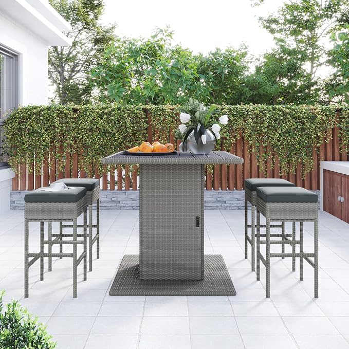 5-Piece Outdoor Patio Rattan Dining Set, PE Wicker Square Kitchen Counter Height Table Set with Storage Shelf and 4 Padded Stools