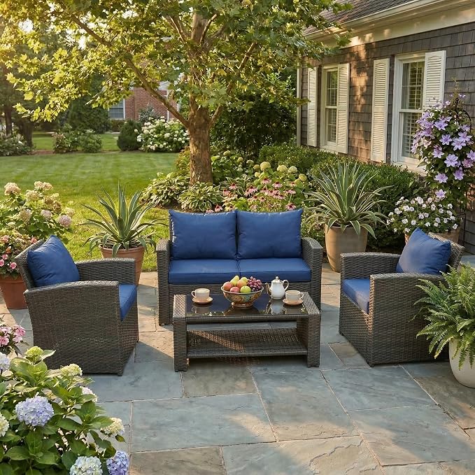 4 Pieces Outdoor Patio Furniture Set, PE Wicker Patio Conversation Set with Cushions and Tea Table, All-Weather Outside Rattan Sectional Sofa for Backyard,Porch, Garden, Balcony, Navy
