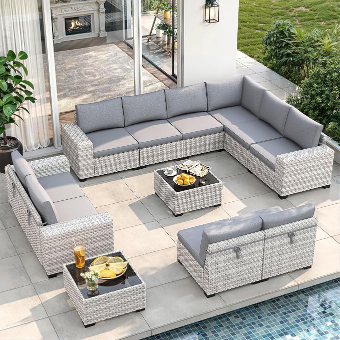 12 Piece Outdoor Wicker Sectional Sofa Set, 10-Seats Patio Furniture Conversation Set with 4" Thickened Cushions & Coffee Table, All-Weather PE Rattan for Garden, Backyard, Porch, Gray