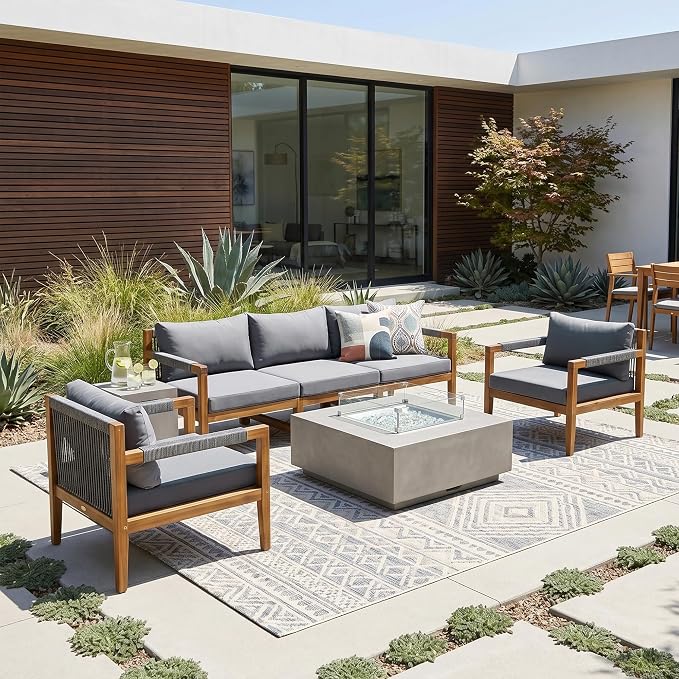 JIVOIT 3 Pieces Outdoor Rope Woven Sectional Sofa Set, Solid Acacia Wood Patio Conversation Set with Three-Seater Sofa and 2 Armchairs, Removable Cushions for Backyard, Deck and Poolside (Grey/24)