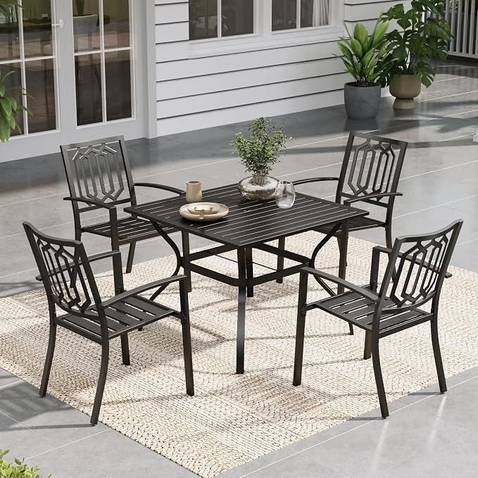 Sophia & William Patio Table and Chairs Set, Outdoor Dining Set for 4, 5 Piece Metal Patio Furniture, 37" Black Square Table(Geometry)