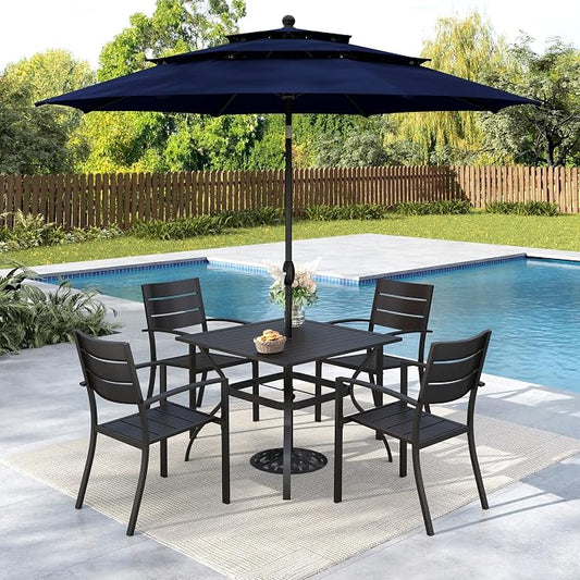 MFSTUDIO Outdoor Dining Set with Umbrella, Metal Patio Dining Set for 4 Persons, 6 Piece Patio Furniture Set with Navy Blue Umbrella (Base not Included)