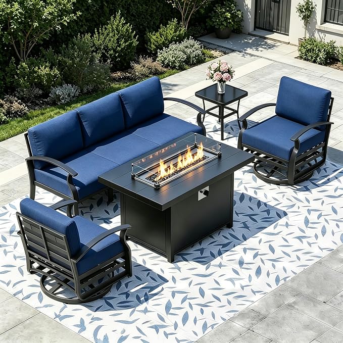 Aluminum Outdoor Patio Furniture Set,5 Pieces 5 Seats Metal Patio Sectional Furniture Set,Patio Conversation Sets with 45" Propane Fire Pit Table,Swivel Rocking Chairs Set,Navy Blue
