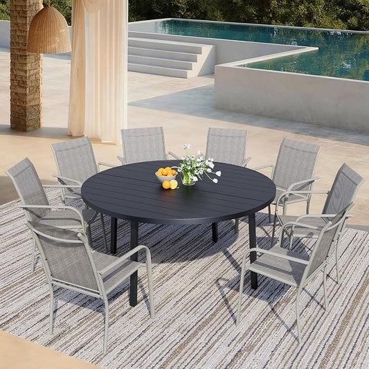 9 Pieces Patio Dining Set for 8, Grey Patio Stackable Chairs and Black Round Table Set of 8, Outdoor Furniture Set with Sling Support for Outside, Garden