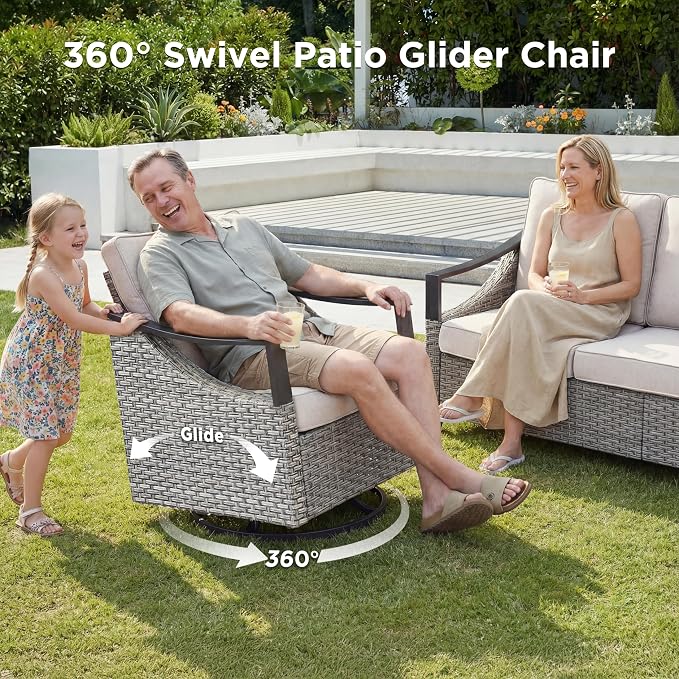 7 Piece Outdoor Patio Furniture Sets-High Back Wicker Swivel Rocker Patio Chairs Set of 4 with Thick Cushions Ottomans, Outdoor Sofa, Patio Conversation Sets for Porch Balcony Patio Deck Grey/Beige